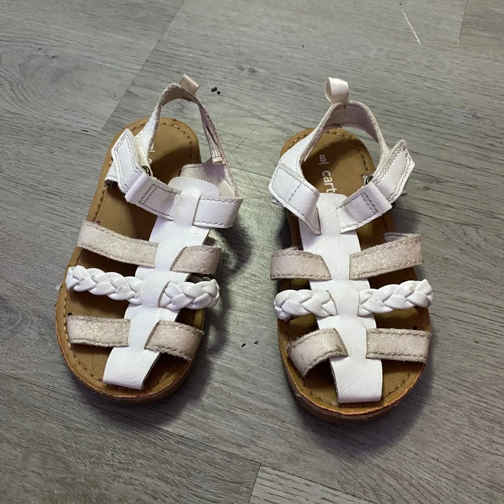 Carter's Sandals Toddler Kids Size 8 White Silver Glitter Braided Gladiator